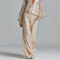 Sequined Two Piece Set – Lantern Sleeve Top & Wide Leg Pants