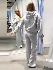 Women's Grey Sequin Angel Wings Crop Hoodie & Sweatpants Set