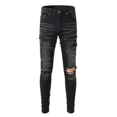 High Street Black Skinny Jeans for Men – Letter Embroidered Slim Fit Denim