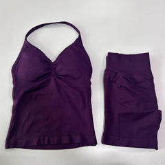 2-Piece Seamless Gym Set Women - Backless Tank Top + High Waist Scrunch Shorts Activewear