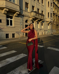 Satin Halter Backless Dress – Decorative Ribbon Evening Formal