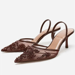 Brown String Bead Mesh Slingback Heels – Embroidered Pointed Toe High Heels for Women