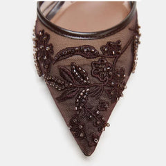 Brown String Bead Mesh Slingback Heels – Embroidered Pointed Toe High Heels for Women