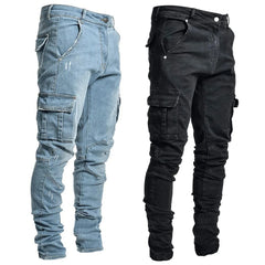 Men's Cargo Denim Jeans – Solid Color Mid-Rise Washed Jeans with Multi Pockets