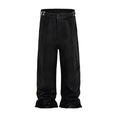 Vintage Wax Coated Cargo Pants Men - Black Wide Leg Baggy Streetwear Trousers