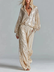 Sequined Two Piece Set – Lantern Sleeve Top & Wide Leg Pants