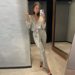 Sequin High-Waisted Jumpsuit for Women – V-Neck Full Sleeve with Lace-Up Waist