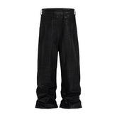 Vintage Wax Coated Cargo Pants Men - Black Wide Leg Baggy Streetwear Trousers