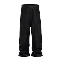 Vintage Wax Coated Cargo Pants Men - Black Wide Leg Baggy Streetwear Trousers