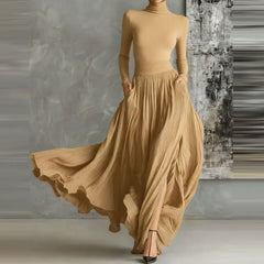 Elegant Turtleneck 2-Piece Set - Long Sleeve Top + Draped Pocket Skirt