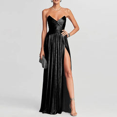 2026 Strapless Backless Slit Maxi Dress – High-Waist Hollow Bronzing Pleated Long Dress