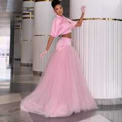 Pink Tulle Evening Gown – Detachable Cape 3 Piece Set Unlined Sheer Formal