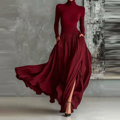 Elegant Turtleneck 2-Piece Set - Long Sleeve Top + Draped Pocket Skirt