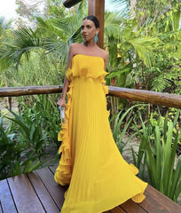 Strapless Pleated Chiffon Gown – Maxi Length Formal Wedding Guest