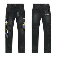 RTA Men's Slim Fit Graffiti Print Skinny Jeans – Destroyed Hole Detail Long Denim Pants