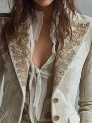 Gold Velvet Floral Set - Bell Sleeve Top + Pocket Pants Casual Suit