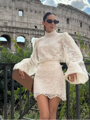 White Lace Mini Dress for Women – Elegant High Neck with Flared Sleeves & Slim Pleats | 2026