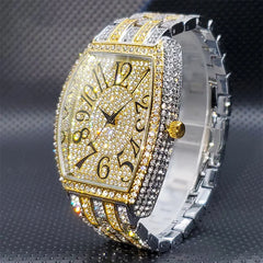 Luxury-Inspired Stainless Steel Men's Watch – Iced-Out Tonneau Dial with Simulated Diamonds