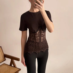 Elegant Lace-Trim Patchwork Blouse for Women – Asymmetrical Hem Solid Top | 2026