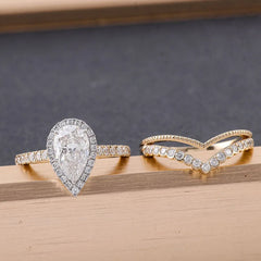 14K Gold Pear Cut Lab Diamond Ring Set - 1.5CT DEF VVS-VS Princess Engagement & Wedding Bands