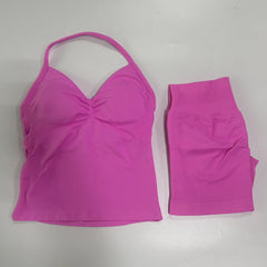 2-Piece Seamless Gym Set Women - Backless Tank Top + High Waist Scrunch Shorts Activewear