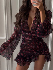 Floral Ruffle Dress Deep V-Neck – Slim A-Line Short Evening Gown