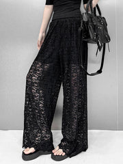 Black Lace Cutout Wide-Leg Pants – Polyester Spandex Cold Wash