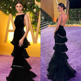 Floor-Length Backless Gown – Tiered Polyester Chiffon Formal Evening