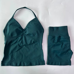 2-Piece Seamless Gym Set Women - Backless Tank Top + High Waist Scrunch Shorts Activewear