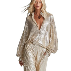 Sequined Two Piece Set – Lantern Sleeve Top & Wide Leg Pants