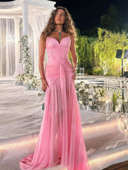 Pink Pleated Chiffon Maxi Dress – Sweetheart Neck Unlined Sheer