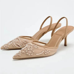 Brown String Bead Mesh Slingback Heels – Embroidered Pointed Toe High Heels for Women