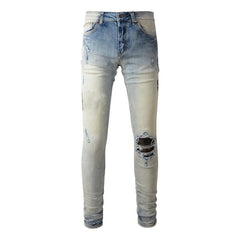 High Street Black Skinny Jeans for Men – Letter Embroidered Slim Fit Denim