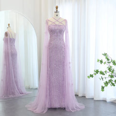 Dubai Champagne Mermaid Evening Dress – Aqua Criss Cross Cape Sleeve Gown