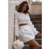 Luxury Handmade 3D Floral Two-Piece Wedding Dress – Short Trumpet Sleeve Bridal Set