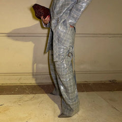 Sequin Stripe Lapel Set – Blazer Top & Wide Leg Pants with Ribbon Detail