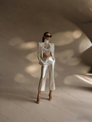 Crystal Embellished Satin Suit Set – Blazer & Pants for Wedding Guest