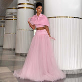 Pink Tulle Evening Gown – Detachable Cape 3 Piece Set Unlined Sheer Formal