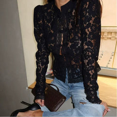 Retro Solid Knit Top for Women – Chic O-Neck Long Sleeve Slim Fit with Hollow Lace Detail