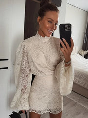 White Lace Mini Dress for Women – Elegant High Neck with Flared Sleeves & Slim Pleats | 2026