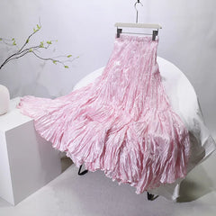 Pleated Maxi Skirt High Waist Wide Hem – A-Line Spring Streetwear