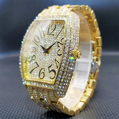 Luxury-Inspired Stainless Steel Men's Watch – Iced-Out Tonneau Dial with Simulated Diamonds