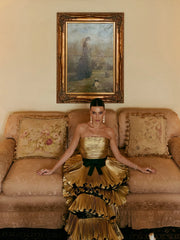 Golden Pleated Evening Dress – Polyester Spandex Hand Wash Only