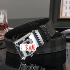 Men's Genuine Cowhide Leather Belt – Tartan Pattern with Letter Buckle