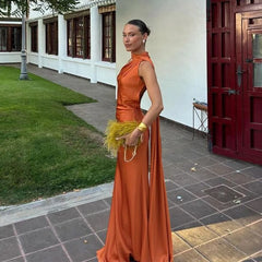 Satin Halter Backless Dress – Decorative Ribbon Evening Formal