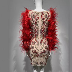 Red Feather Trim Dress – Sheer Mesh Sleeves Hand-Sewn Rhinestones
