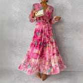 Floral Chiffon Maxi Dress – Long Sleeve Pleated Cold Wash Sheer