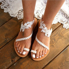 Boho Lace-Up Sandals – Floral Embroidered Ankle Strap Flat