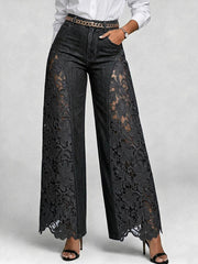 Lace-Panel Wide-Leg Pants – Cotton Blend Cold Wash Casual