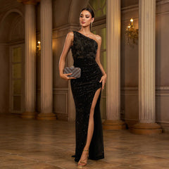 One-Shoulder Sequined Sheath Dress – Thigh Slit Polyester Spandex